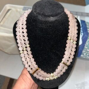 Vintage Signed 14 KT Gold Filled 3 Layer Pink Beaded Necklace Gold beads Between